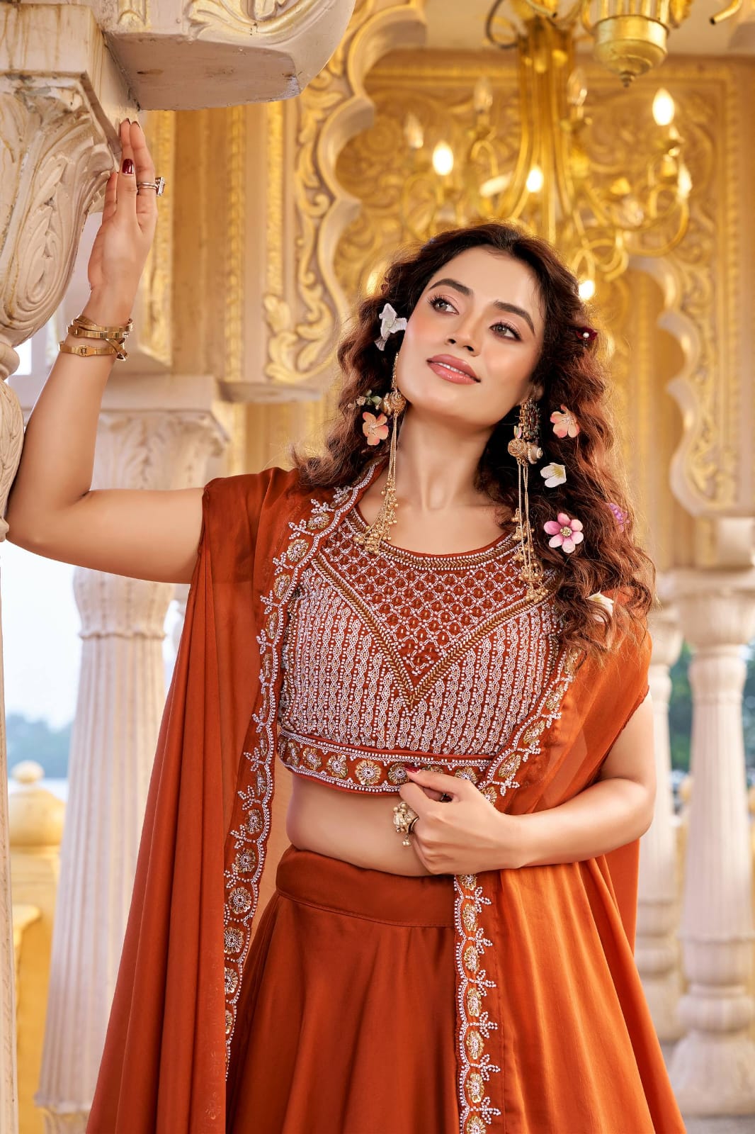 Ready-to-Wear Rust Orange Rangoli Silk Indo-Western Lehenga Choli With Shrug Style Dupatta