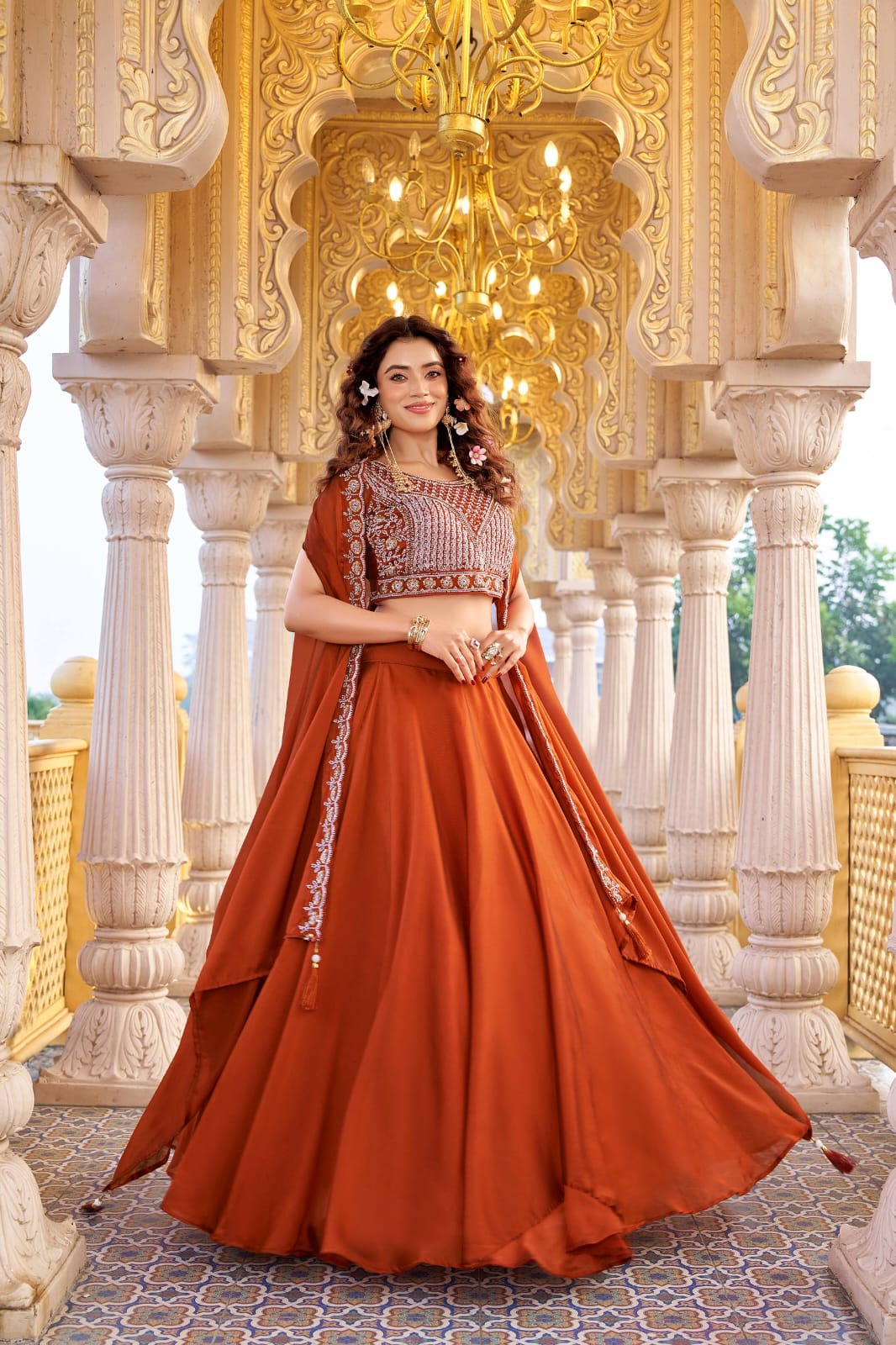 Ready-to-Wear Rust Orange Rangoli Silk Indo-Western Lehenga Choli With Shrug Style Dupatta