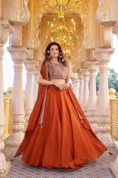 Ready-to-Wear Rust Orange Rangoli Silk Indo-Western Lehenga Choli With Shrug Style Dupatta