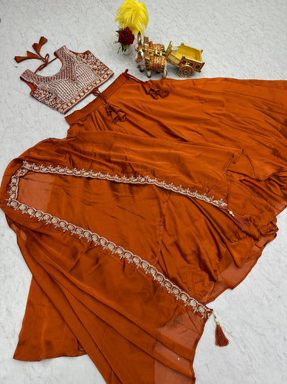 Ready-to-Wear Rust Orange Rangoli Silk Indo-Western Lehenga Choli With Shrug Style Dupatta