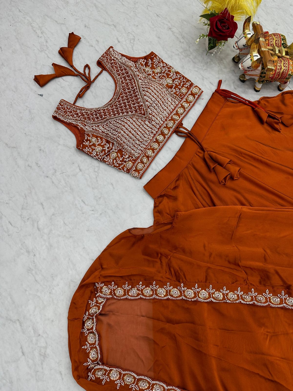 Ready-to-Wear Rust Orange Rangoli Silk Indo-Western Lehenga Choli With Shrug Style Dupatta