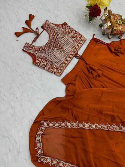 Ready-to-Wear Rust Orange Rangoli Silk Indo-Western Lehenga Choli With Shrug Style Dupatta