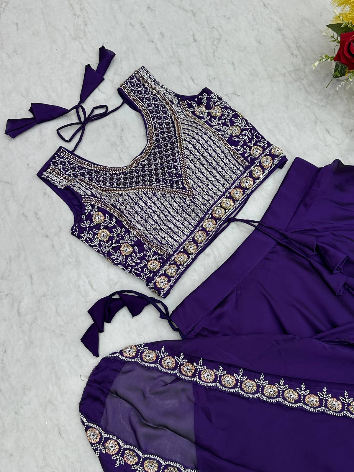 Ready-to-Wear Purple  Rangoli Silk Indo-Western Lehenga Choli With Shrug Style Dupatta