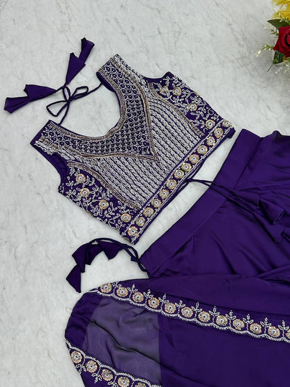 Ready-to-Wear Purple  Rangoli Silk Indo-Western Lehenga Choli With Shrug Style Dupatta