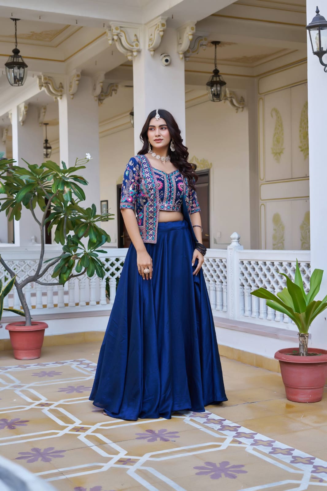 Ready-to-Wear Rani Pink Vichitra silk Indo-Western Lehenga with Embroidered Peplum Koti Blouse