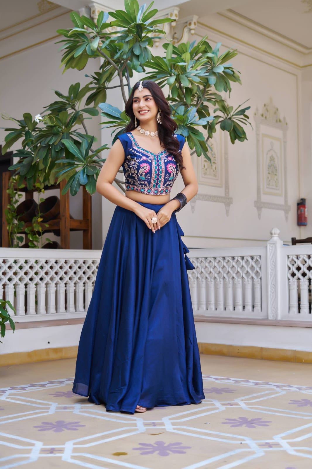 Ready-to-Wear Rani Pink Vichitra silk Indo-Western Lehenga with Embroidered Peplum Koti Blouse