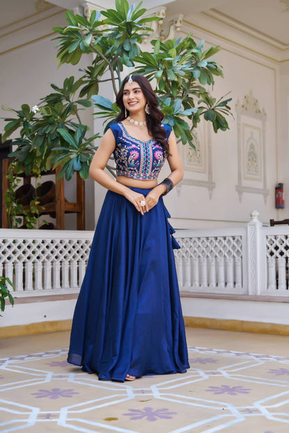 Ready-to-Wear Rani Pink Vichitra silk Indo-Western Lehenga with Embroidered Peplum Koti Blouse