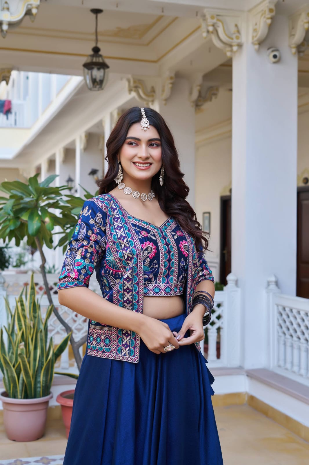 Ready-to-Wear Rani Pink Vichitra silk Indo-Western Lehenga with Embroidered Peplum Koti Blouse
