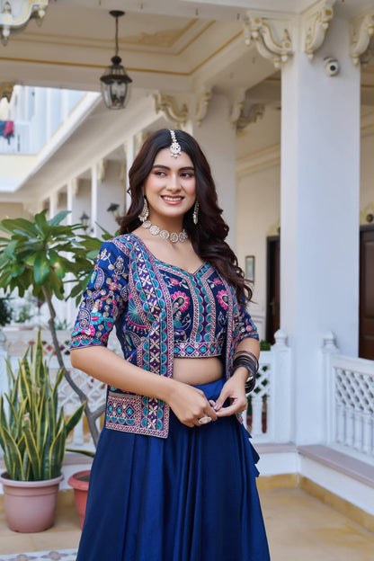 Ready-to-Wear Rani Pink Vichitra silk Indo-Western Lehenga with Embroidered Peplum Koti Blouse