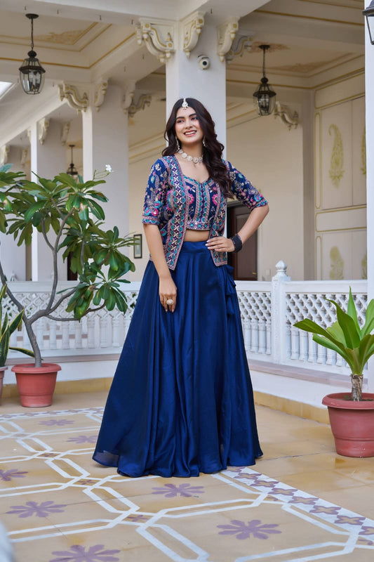 Ready-to-Wear Rani Pink Vichitra silk Indo-Western Lehenga with Embroidered Peplum Koti Blouse