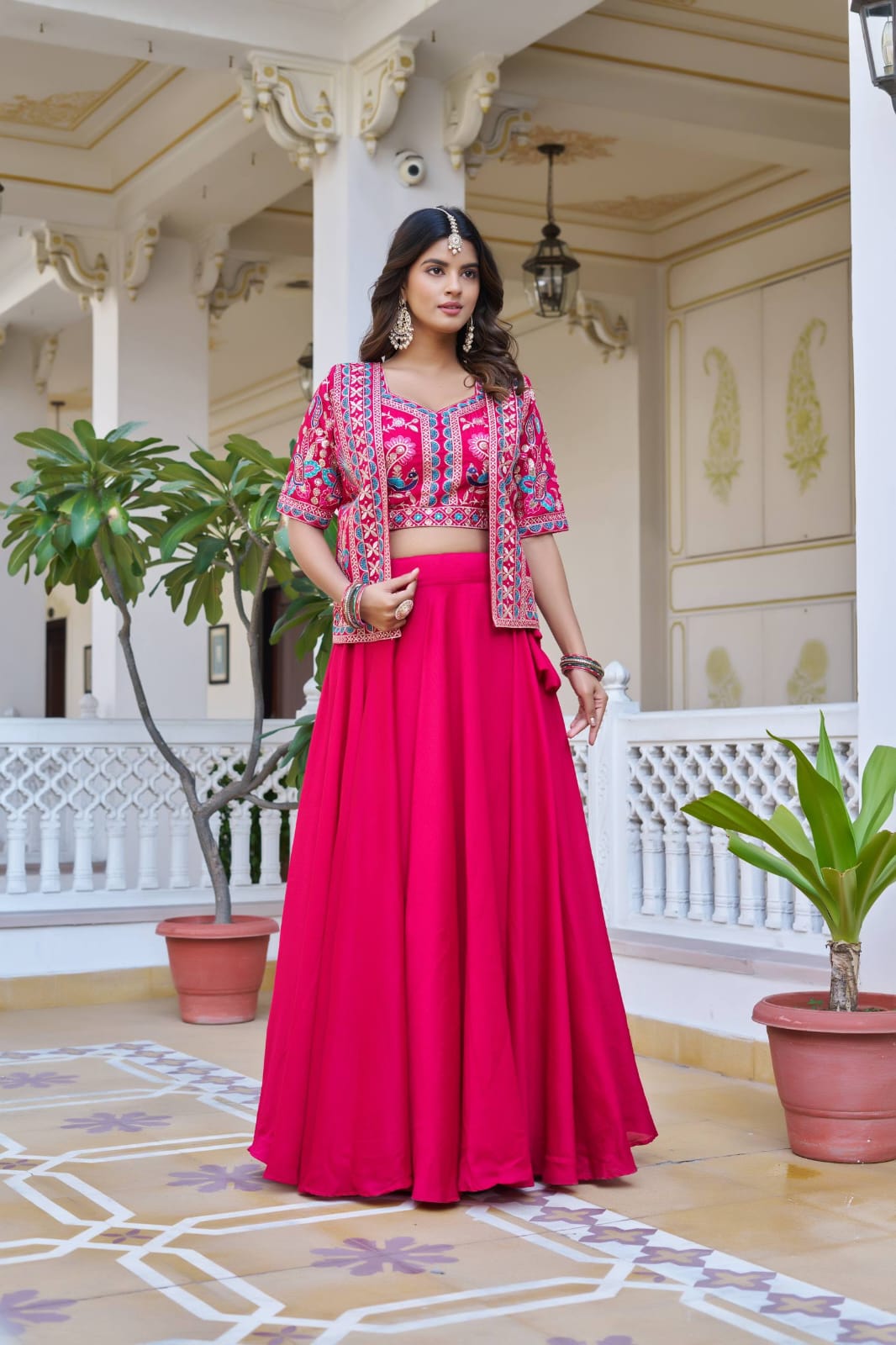 Ready-to-Wear Navy Blue Vichitra silk Indo-Western Lehenga with Embroidered Peplum Koti Blouse