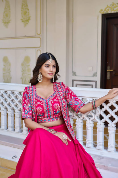 Ready-to-Wear Navy Blue Vichitra silk Indo-Western Lehenga with Embroidered Peplum Koti Blouse