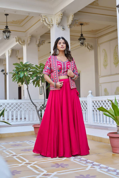 Ready-to-Wear Navy Blue Vichitra silk Indo-Western Lehenga with Embroidered Peplum Koti Blouse