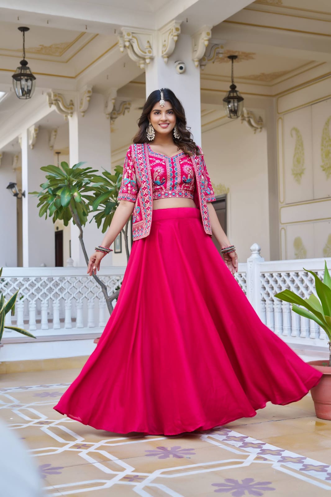 Ready-to-Wear Navy Blue Vichitra silk Indo-Western Lehenga with Embroidered Peplum Koti Blouse