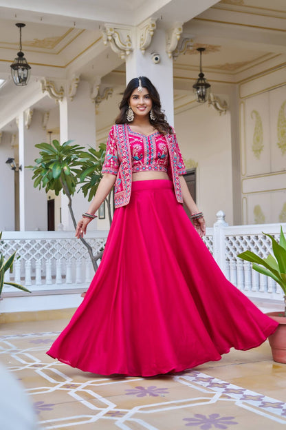 Ready-to-Wear Navy Blue Vichitra silk Indo-Western Lehenga with Embroidered Peplum Koti Blouse