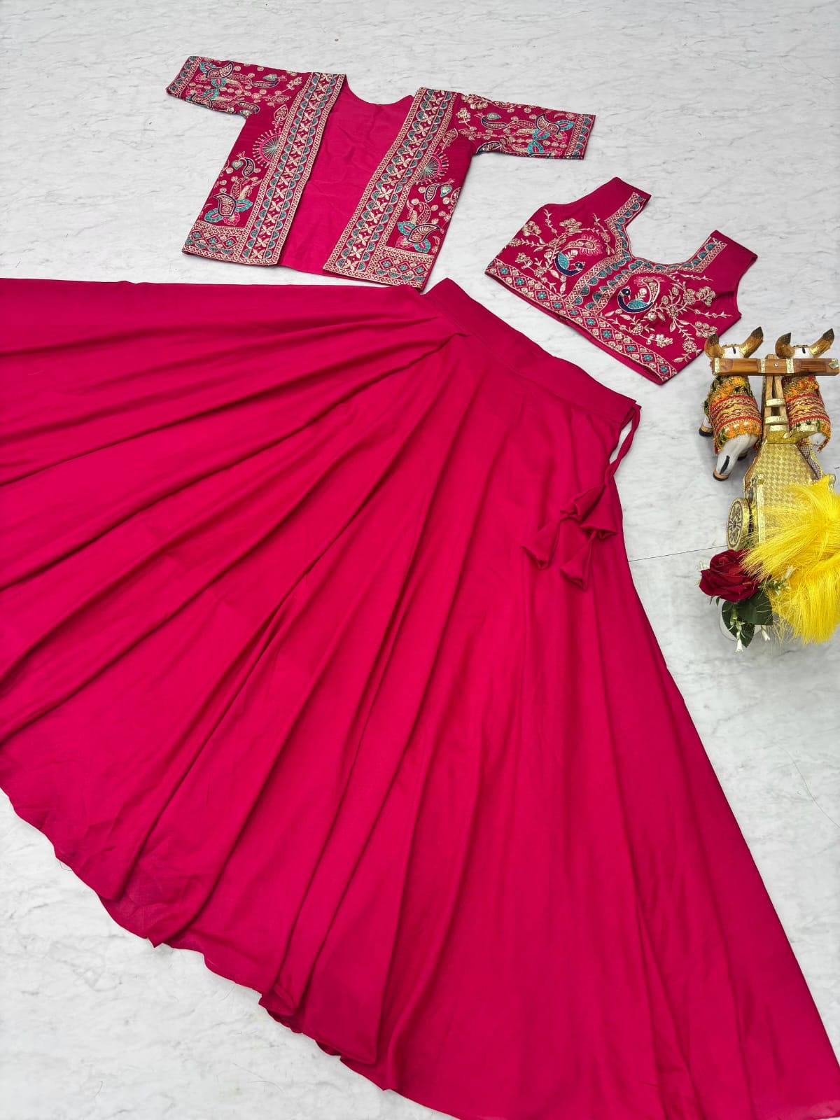 Ready-to-Wear Navy Blue Vichitra silk Indo-Western Lehenga with Embroidered Peplum Koti Blouse
