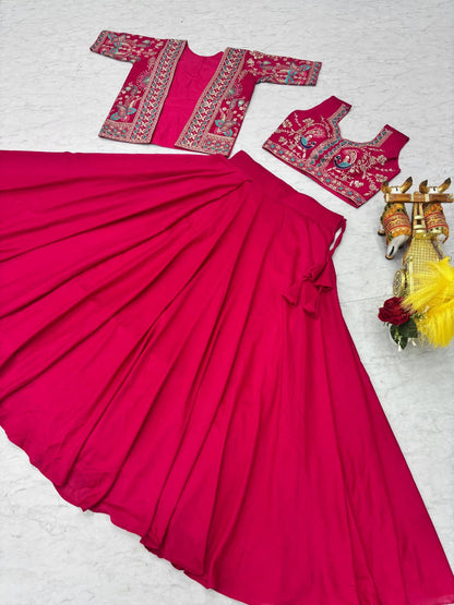Ready-to-Wear Navy Blue Vichitra silk Indo-Western Lehenga with Embroidered Peplum Koti Blouse