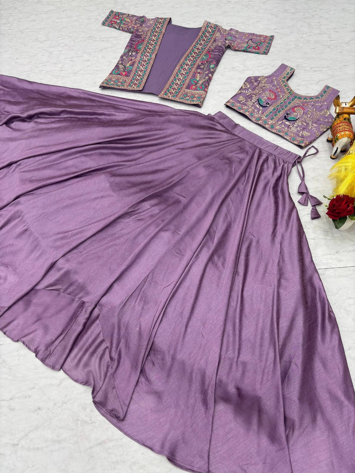 Ready-to-Wear Lavender Vichitra silk Indo-Western Lehenga with Embroidered Peplum Koti Blouse