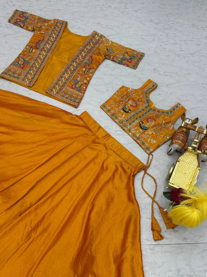 Ready-to-Wear Mustard Yellow Vichitra silk Indo-Western Lehenga with Embroidered Peplum Koti Blouse