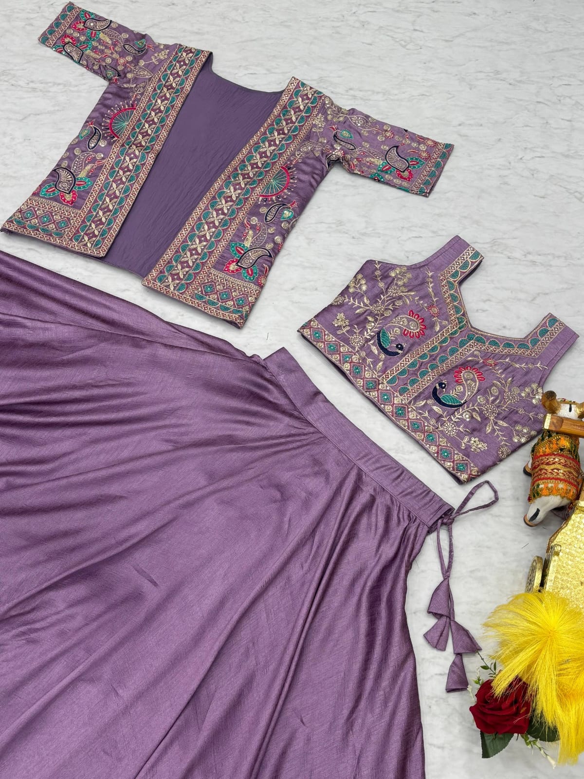 Ready-to-Wear Lavender Vichitra silk Indo-Western Lehenga with Embroidered Peplum Koti Blouse