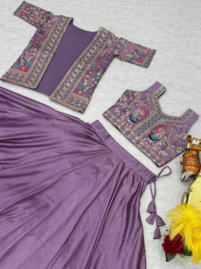 Ready-to-Wear Lavender Vichitra silk Indo-Western Lehenga with Embroidered Peplum Koti Blouse