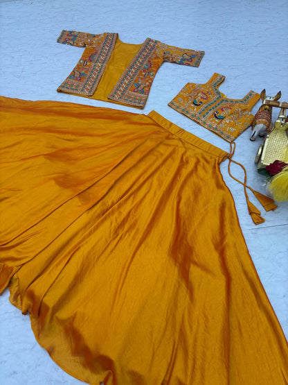 Ready-to-Wear Mustard Yellow Vichitra silk Indo-Western Lehenga with Embroidered Peplum Koti Blouse