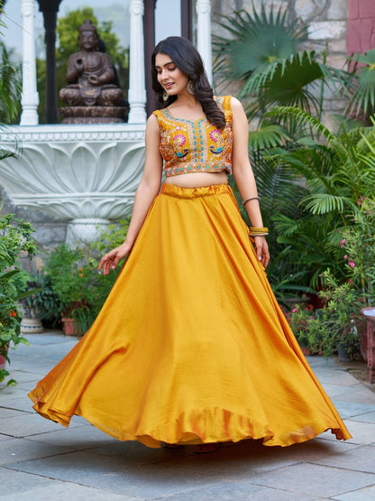 Ready-to-Wear Mustard Yellow Vichitra silk Indo-Western Lehenga with Embroidered Peplum Koti Blouse