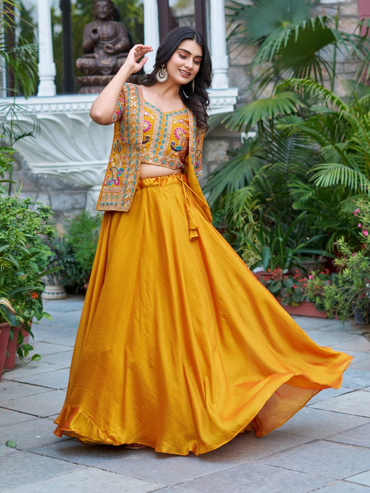 Ready-to-Wear Mustard Yellow Vichitra silk Indo-Western Lehenga with Embroidered Peplum Koti Blouse