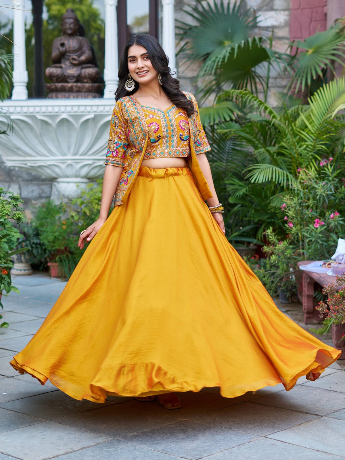 Ready-to-Wear Mustard Yellow Vichitra silk Indo-Western Lehenga with Embroidered Peplum Koti Blouse