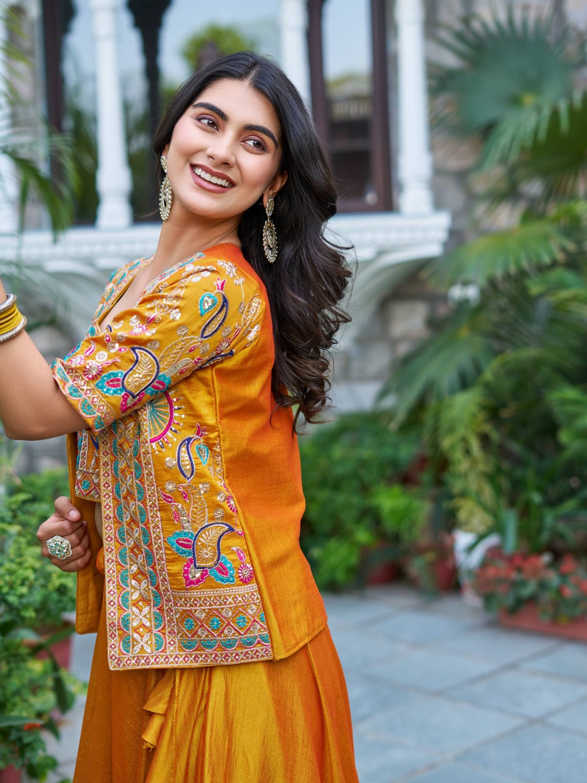 Ready-to-Wear Mustard Yellow Vichitra silk Indo-Western Lehenga with Embroidered Peplum Koti Blouse
