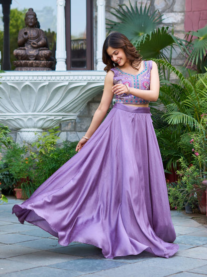 Ready-to-Wear Lavender Vichitra silk Indo-Western Lehenga with Embroidered Peplum Koti Blouse