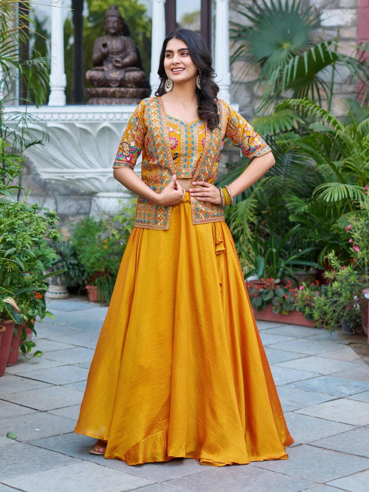 Ready-to-Wear Mustard Yellow Vichitra silk Indo-Western Lehenga with Embroidered Peplum Koti Blouse
