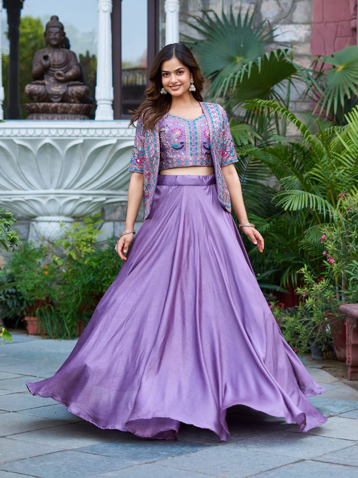Ready-to-Wear Lavender Vichitra silk Indo-Western Lehenga with Embroidered Peplum Koti Blouse