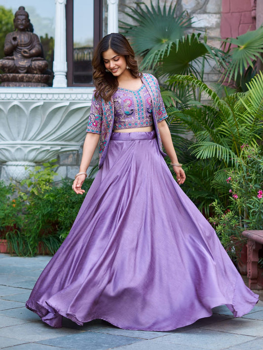 Ready-to-Wear Lavender Vichitra silk Indo-Western Lehenga with Embroidered Peplum Koti Blouse