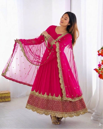 Rani Pink Faux Georgette Embroidery Sequence Work Designer Anarkali Two Piece Set