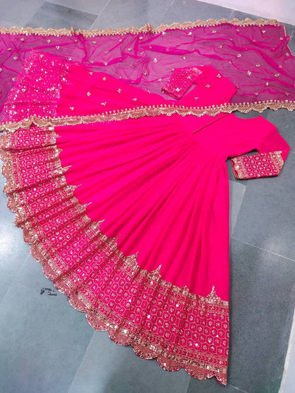 Rani Pink Faux Georgette Embroidery Sequence Work Designer Anarkali Two Piece Set