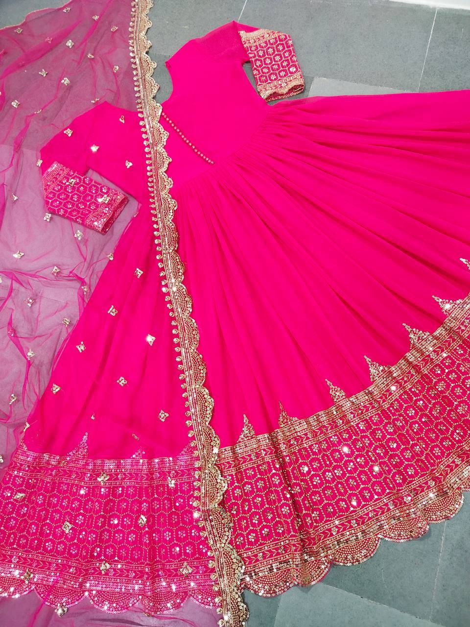 Rani Pink Faux Georgette Embroidery Sequence Work Designer Anarkali Two Piece Set