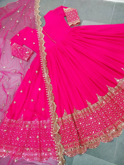 Rani Pink Faux Georgette Embroidery Sequence Work Designer Anarkali Two Piece Set