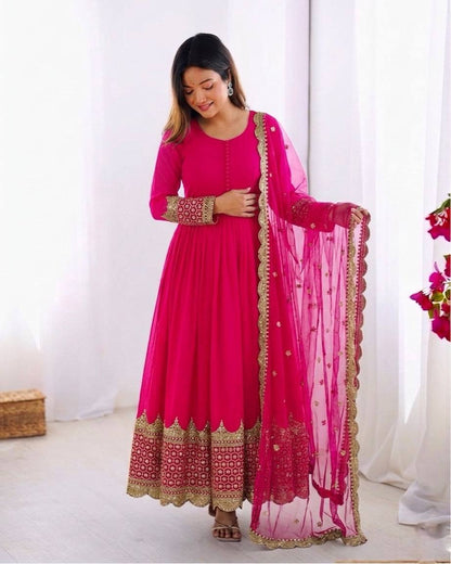 Rani Pink Faux Georgette Embroidery Sequence Work Designer Anarkali Two Piece Set