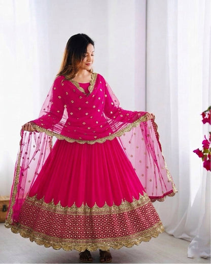 Rani Pink Faux Georgette Embroidery Sequence Work Designer Anarkali Two Piece Set