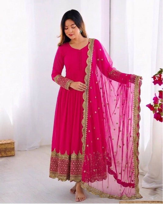Rani Pink Faux Georgette Embroidery Sequence Work Designer Anarkali Two Piece Set