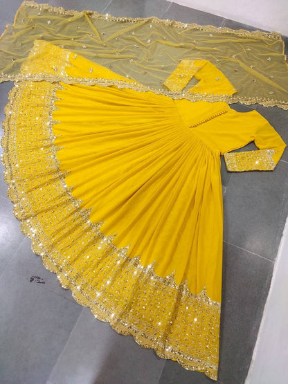 Yellow Faux Georgette Embroidery Sequence Work Designer Anarkali Two Piece Set