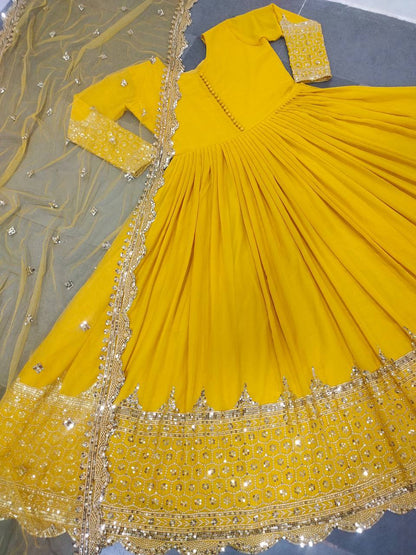 Yellow Faux Georgette Embroidery Sequence Work Designer Anarkali Two Piece Set