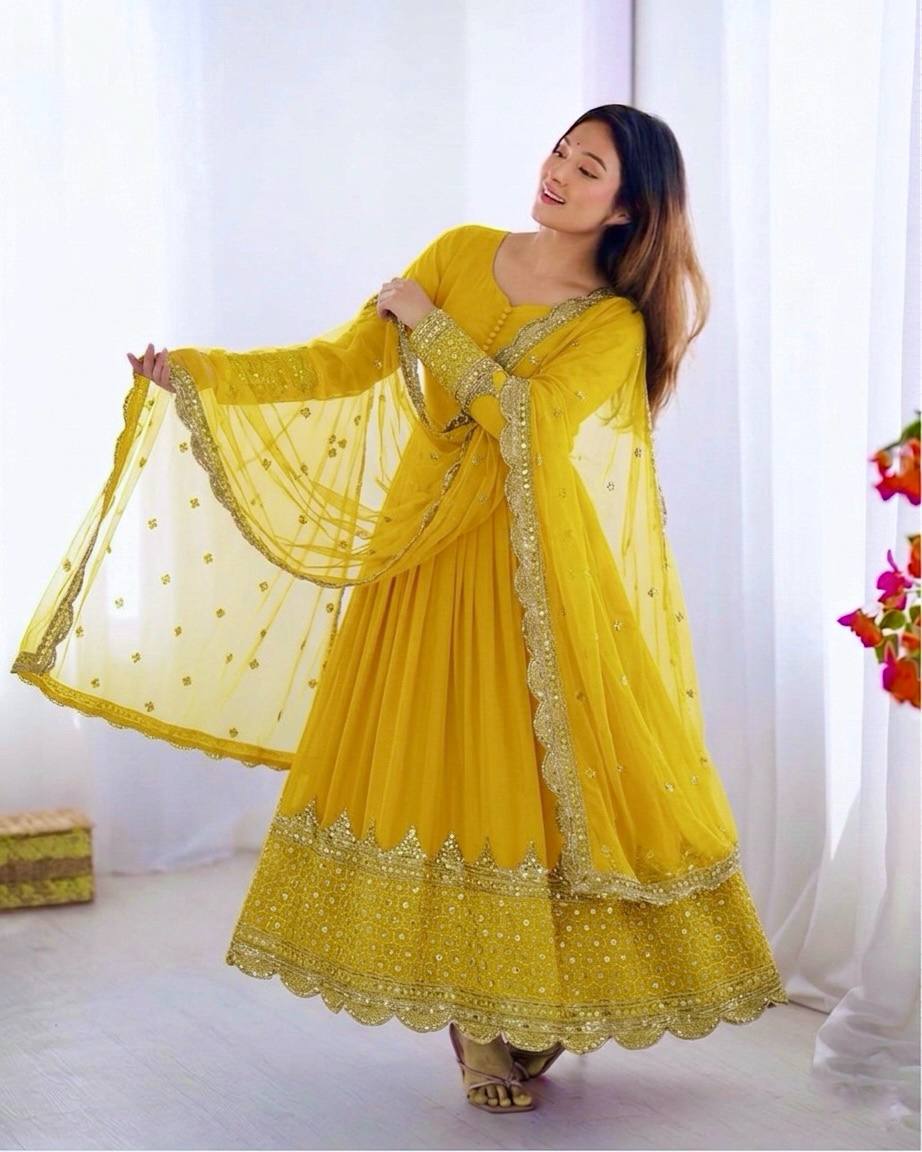 Yellow Faux Georgette Embroidery Sequence Work Designer Anarkali Two Piece Set