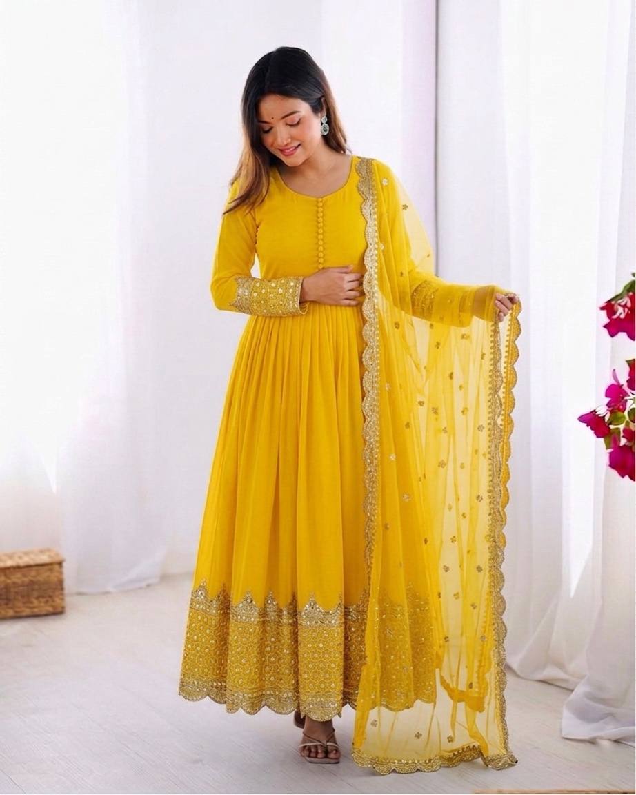 Yellow Faux Georgette Embroidery Sequence Work Designer Anarkali Two Piece Set