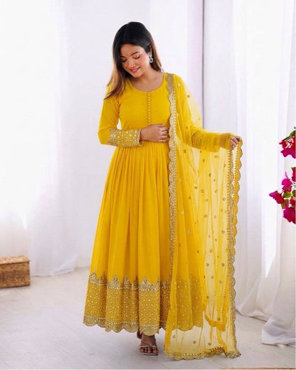 Yellow Faux Georgette Embroidery Sequence Work Designer Anarkali Two Piece Set