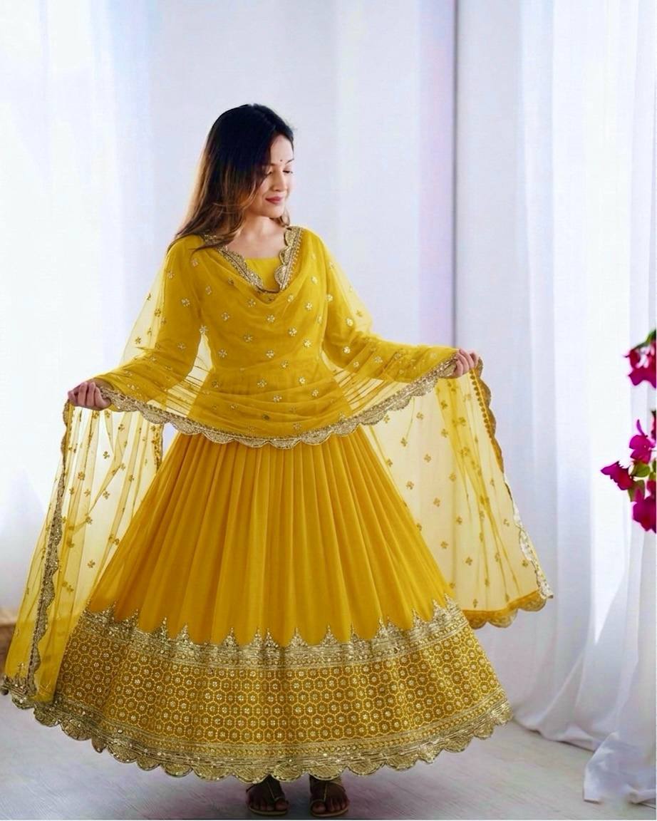 Yellow Faux Georgette Embroidery Sequence Work Designer Anarkali Two Piece Set