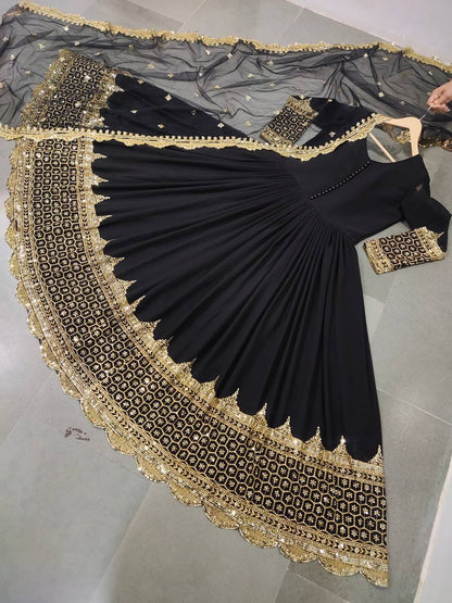 Black Faux Georgette Embroidery Sequence Work Designer Anarkali Two Piece Set