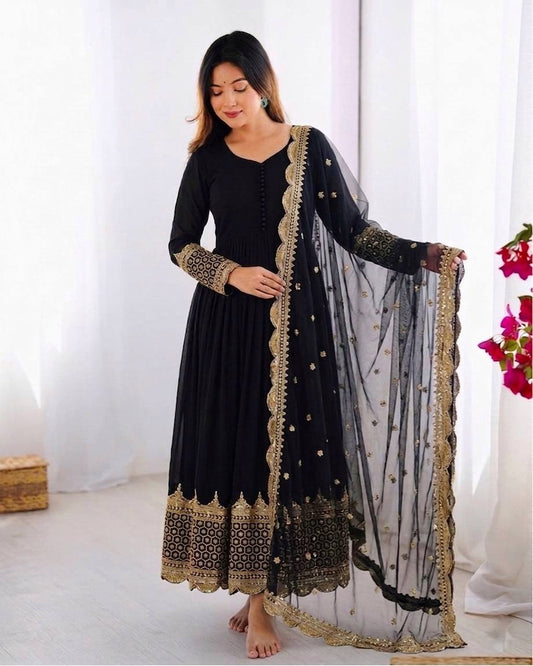Black Faux Georgette Embroidery Sequence Work Designer Anarkali Two Piece Set