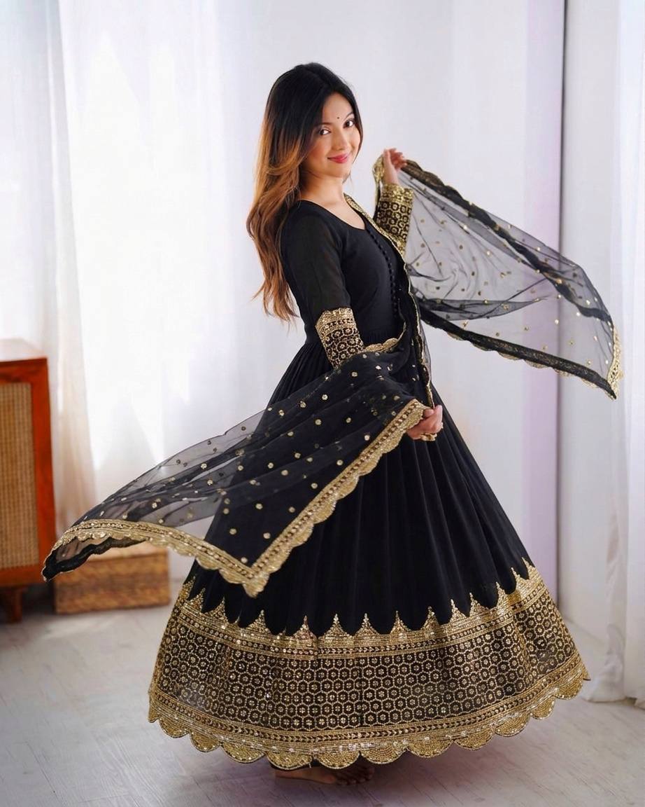 Black Faux Georgette Embroidery Sequence Work Designer Anarkali Two Piece Set